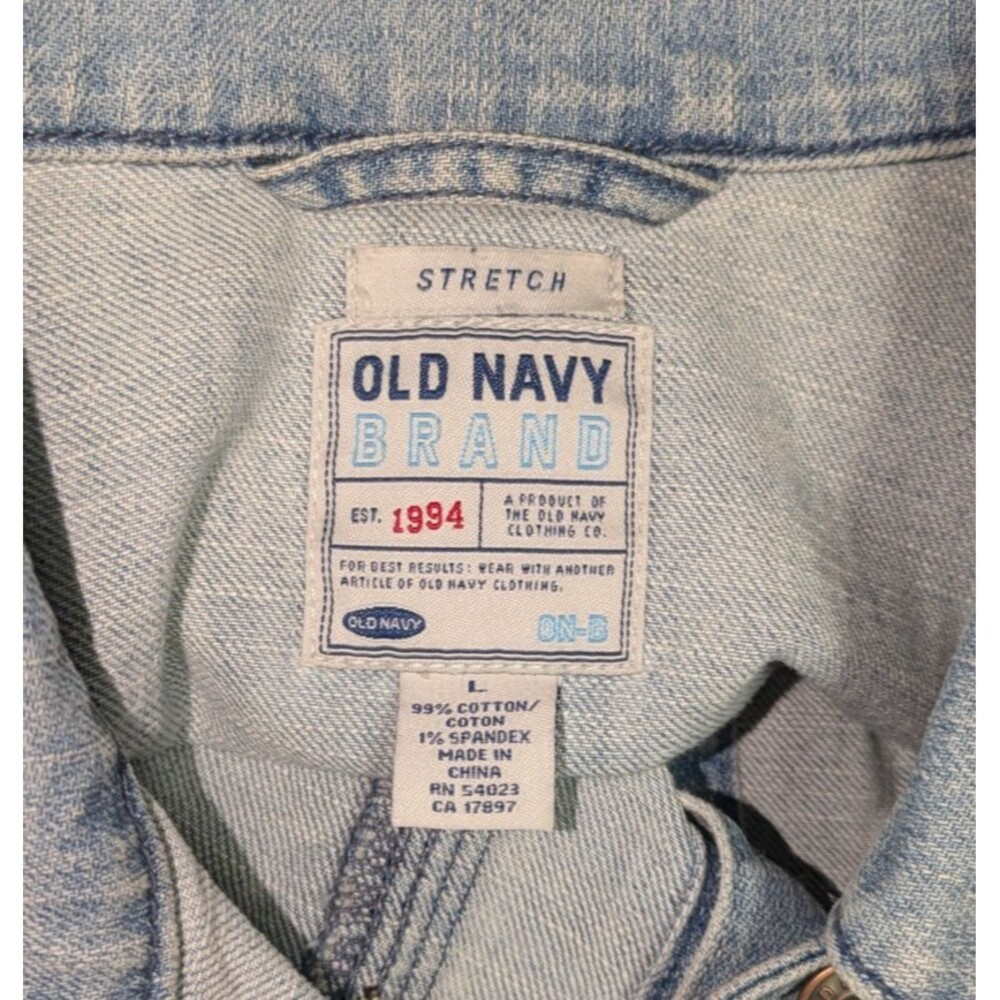 Old Navy Jean Jacket L Women's Blue Light Wash Upcycled Denim Fleur De Lis Cross - Picture 5 of 6